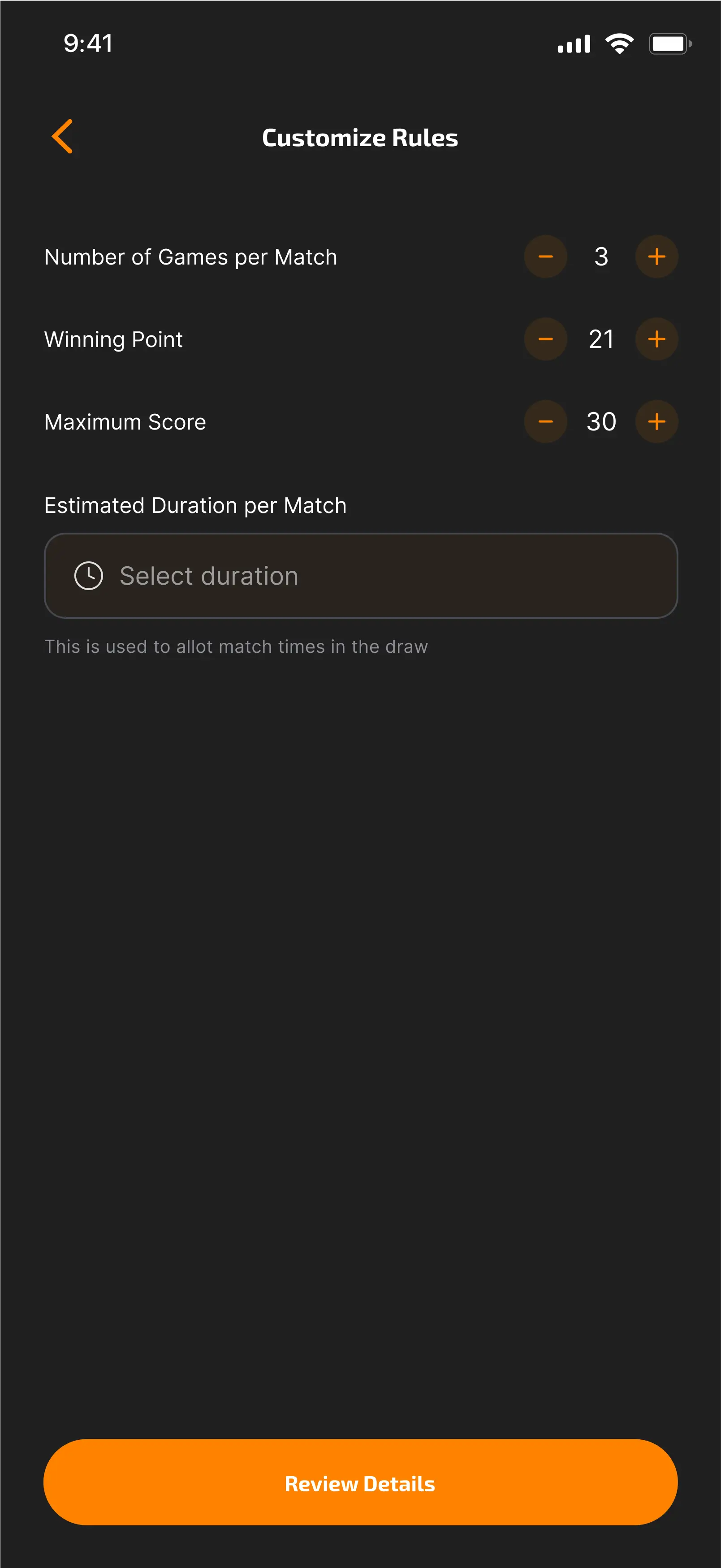 Creating Tournament - Enter Rules screen